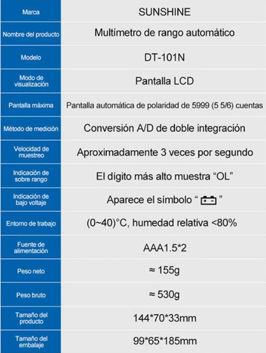 Multimetro Tester Autorango Automatico DT-101N Sunshine