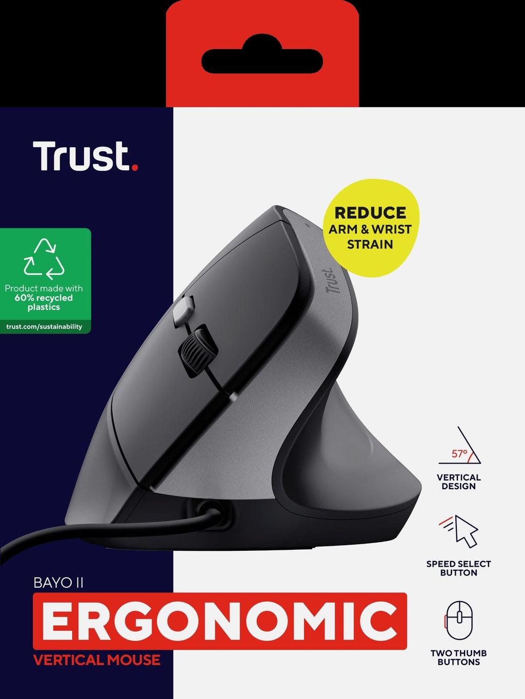 Trust Mouse Ergonomico Alambrico Color Negro Angulo Vertical - 25144