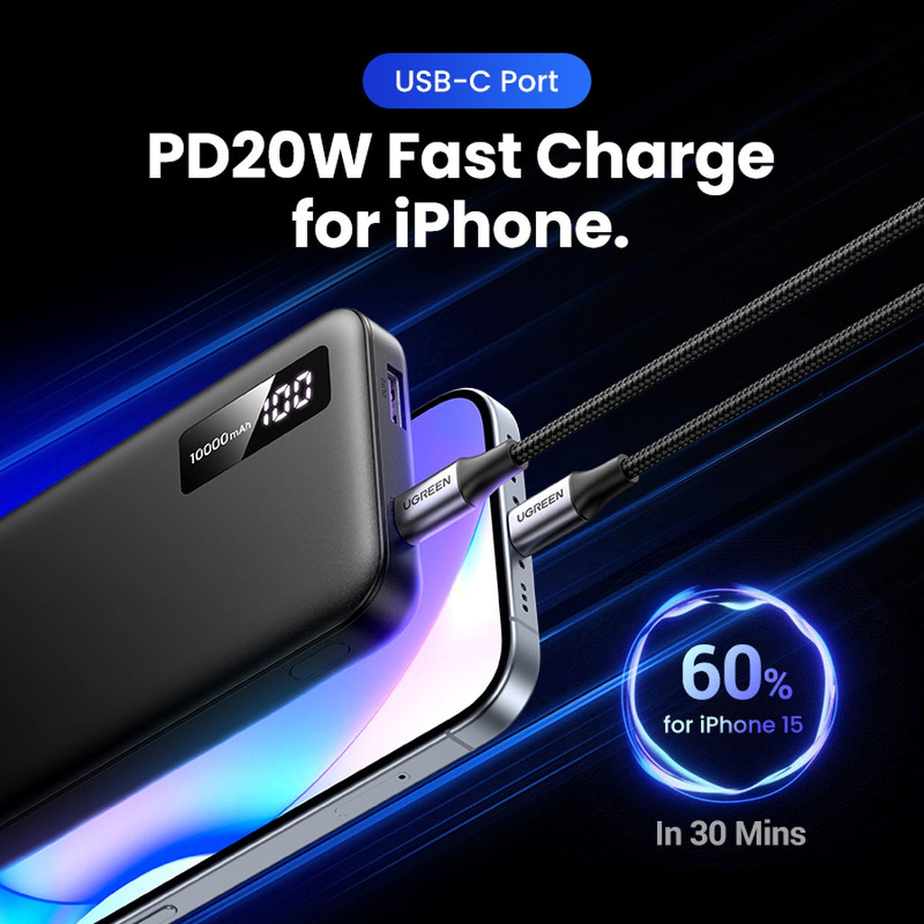 Power Bank Ugreen PB311 10000MAH de Carga Rapida Bidireccional USB-C con LED Display 25742 - Negro