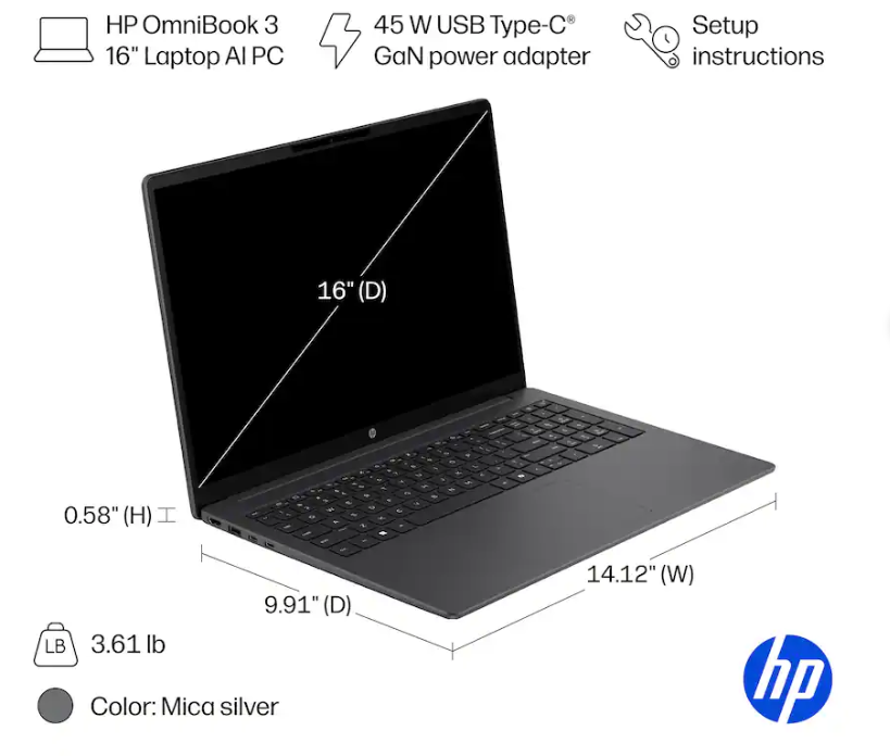 Computadora Portatil Omnibook 3 Tactil 16" HP - Plateada