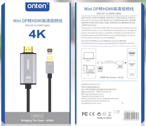 Cable Mini Display Port a HDMI OTN-5130B Onten - 1,8m Gris