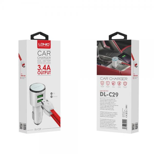 Cargador Carro LDNIO C29 Tipo C Blanco Adaptador 2 en 1 Imagen principal del producto