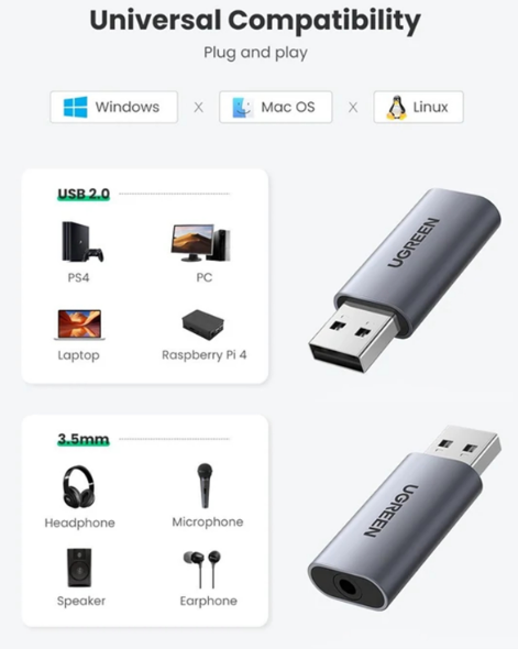 Adaptador de Sonido USB Tipo a a 3.5mm Ugreen - Gris