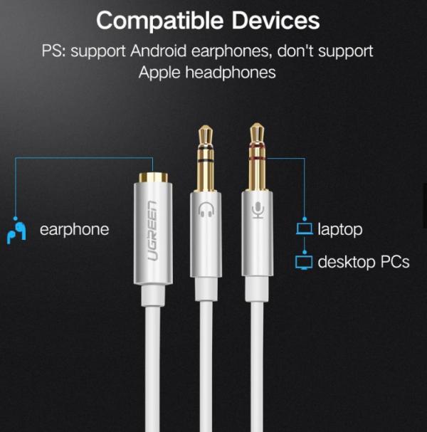 Cable 3.5mm 2 Machos a 1 3.5mm Hembra AV140 20897 Ugreen - Blanco