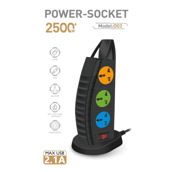 Lucky Hawk Regleta D03 Negra 3 Tomas + 1 USB + 1 USB-PD