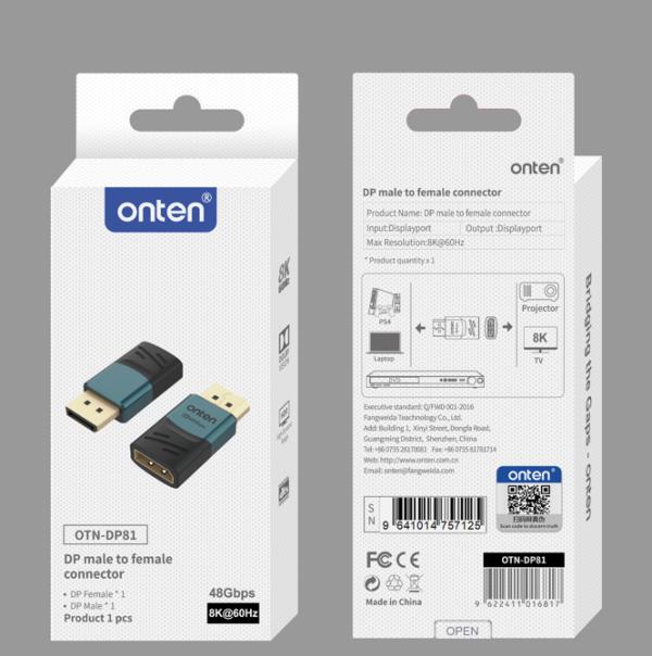 Adaptador Display Port Onten OTN-DP81 Macho a Hembra 8K