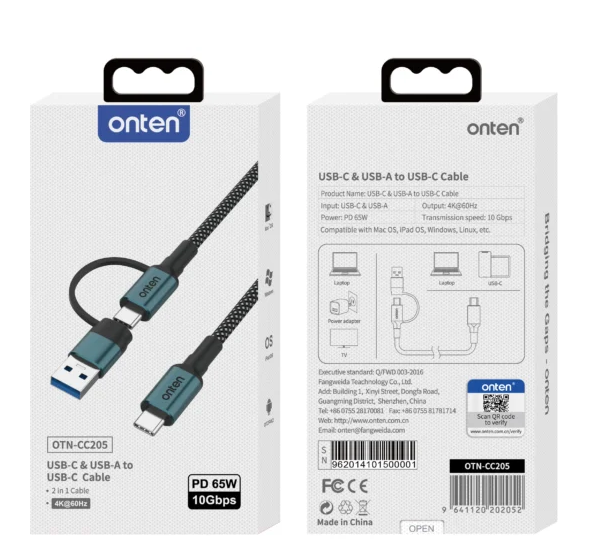 Onten Cable USB-C OTN-CC205 2-en-1 10Gbps 4K 65W