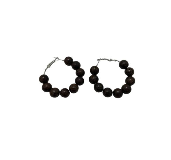 Aretes argolla con bolitas de madera cafe elegantes
