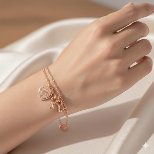 Pulsera Tiffany & Co Diseño Doble Corazon y Llave - Oro Rosa