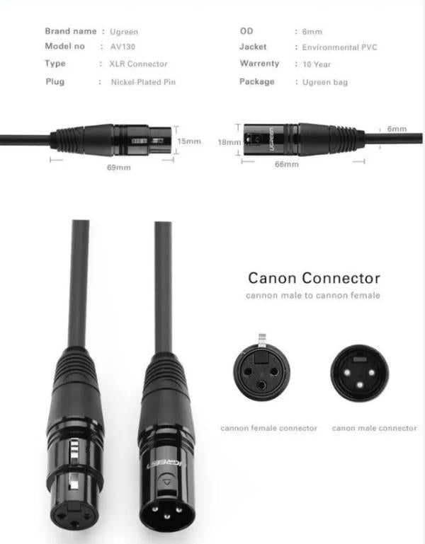 Cable Xlr Macho a Hembra 3 Pines AV130 20714 Ugreen - 10M Negro