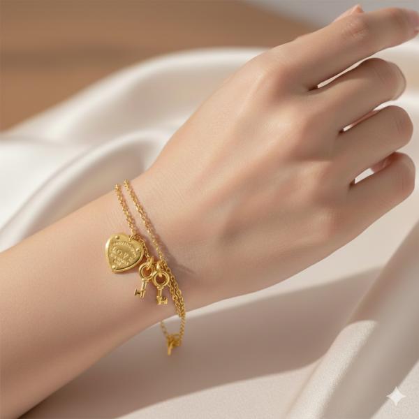 Pulsera Tiffany & Co Diseño Doble Corazon y Llave - Dorado