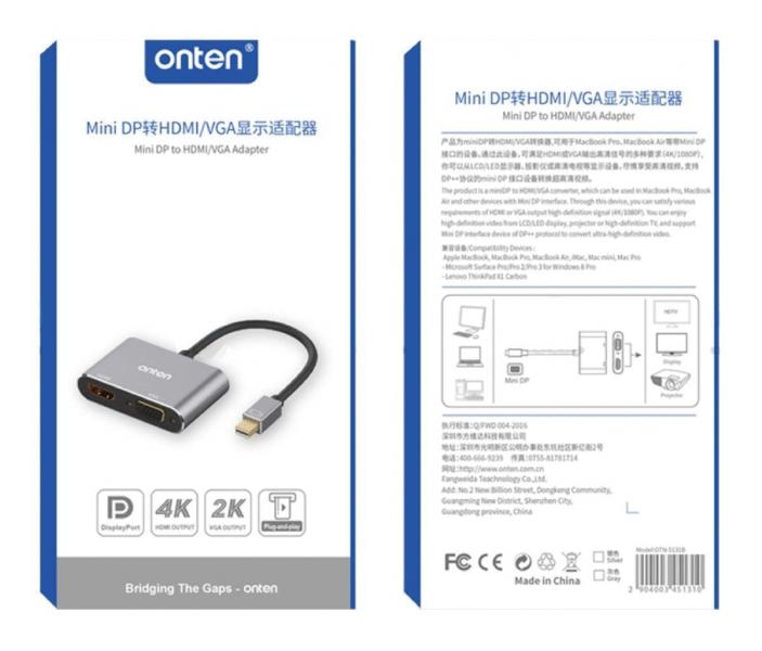 Cable Adaptador Mini Display Port a Hdmi+vga 4K 60HZ OTN-5131B Onten - Gris