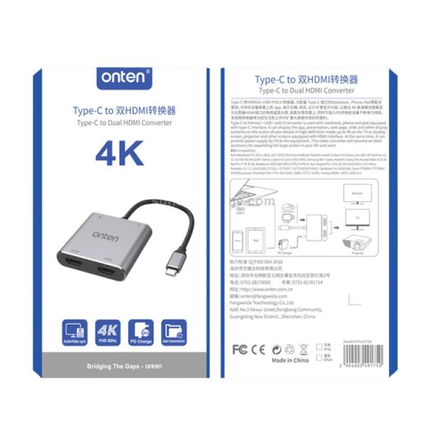 Convertidor USB Tipo C a Dual HDMI Hembra Tipo C Carga OTN-9175K Onten