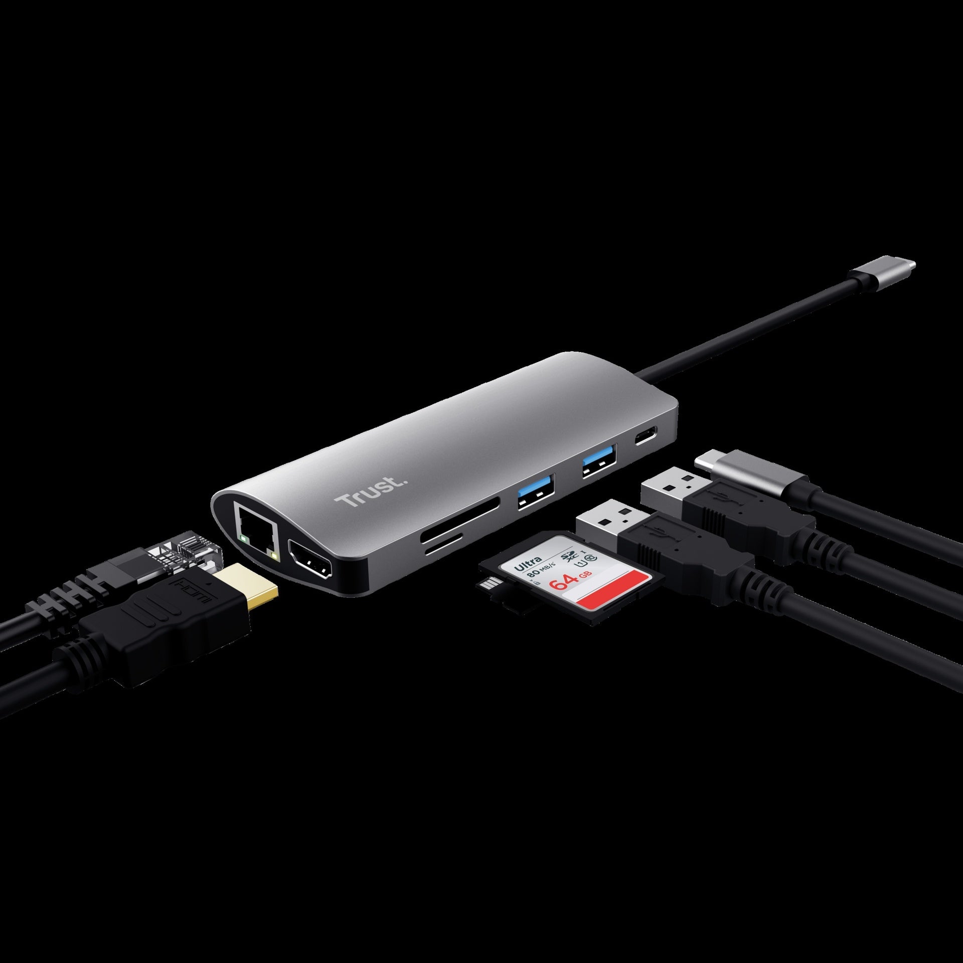 Trust adaptador 7-en-1 USB-C- HDMI- red-lector de tarjetas USB-C y USB - 23775