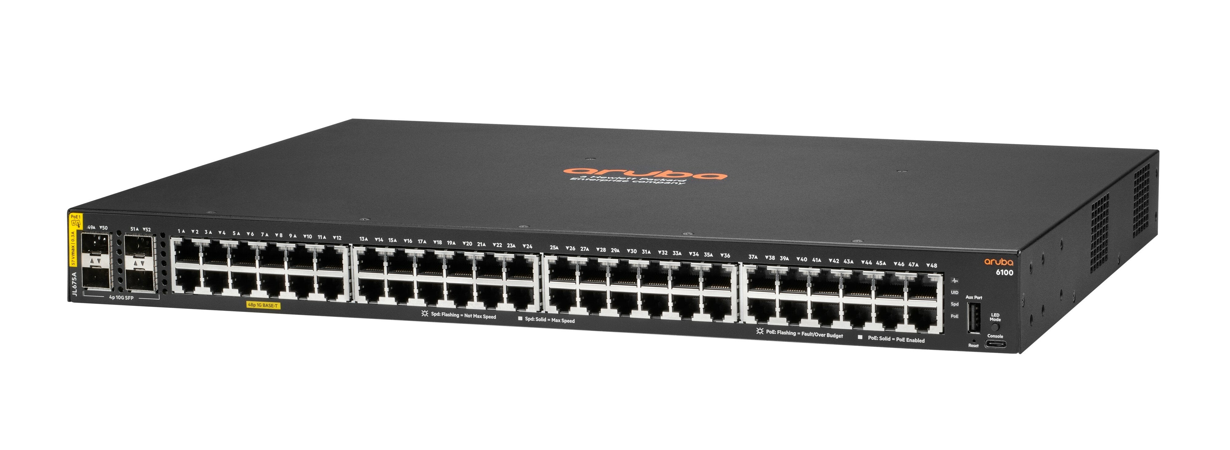 Vista frontal del switch de red Aruba 6100 con 48 puertos Gigabit y PoE