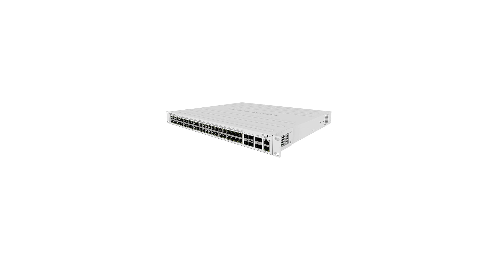 Vista frontal del switch MikroTik CRS354-48G-4S+2Q+RM con puertos Gigabit, SFP+ y QSFP+