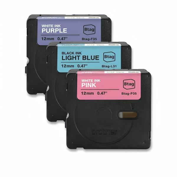 Cinta para Etiquetadora Brother Btag3m02 12MM X 4M Btag 3PK Blanco/purpura Negro/azul Claro Blanco/rosado