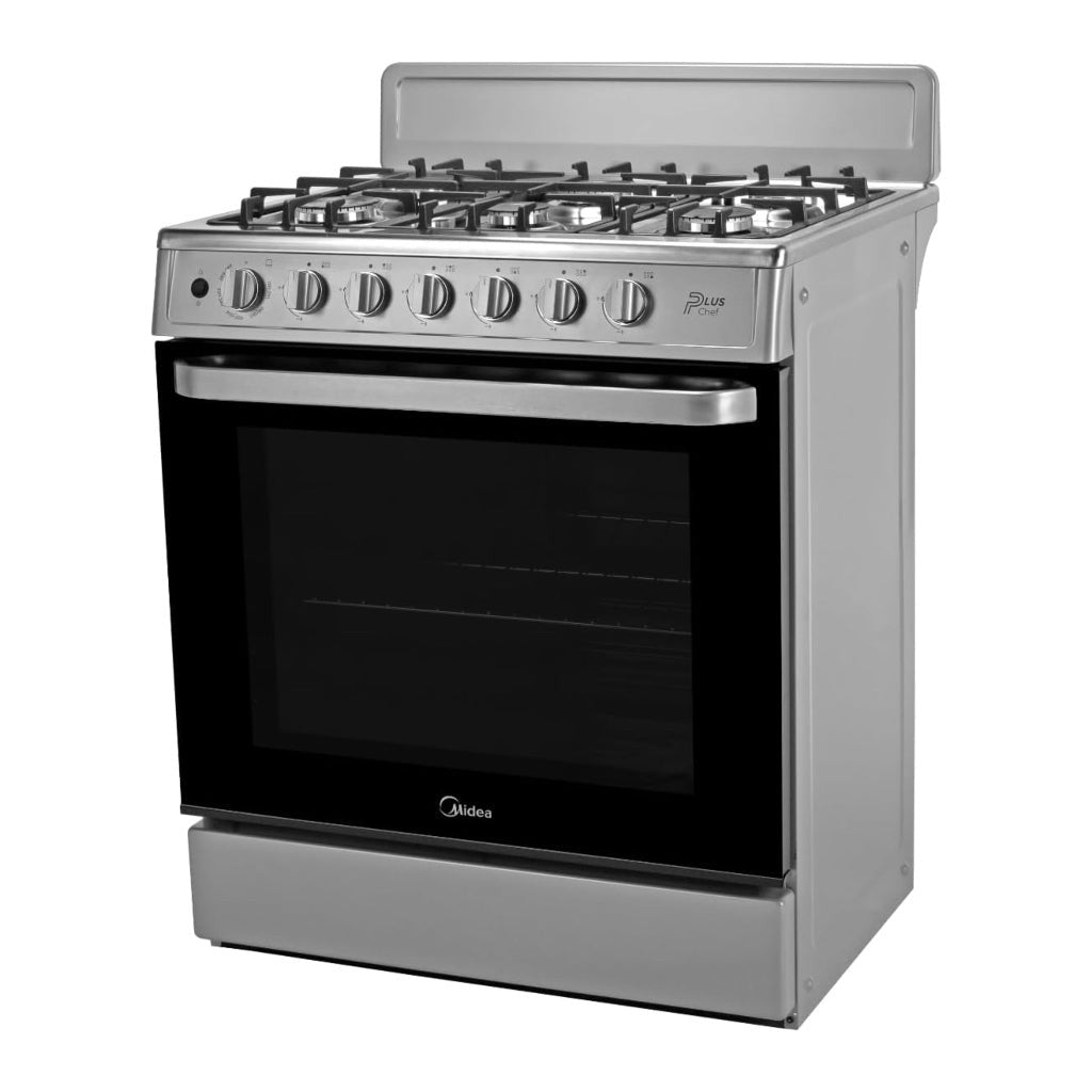 Midea Cocina a gas 30 pulgadas silver 6 quemadores capelo hierro fundido MGS30FS1BEABG
