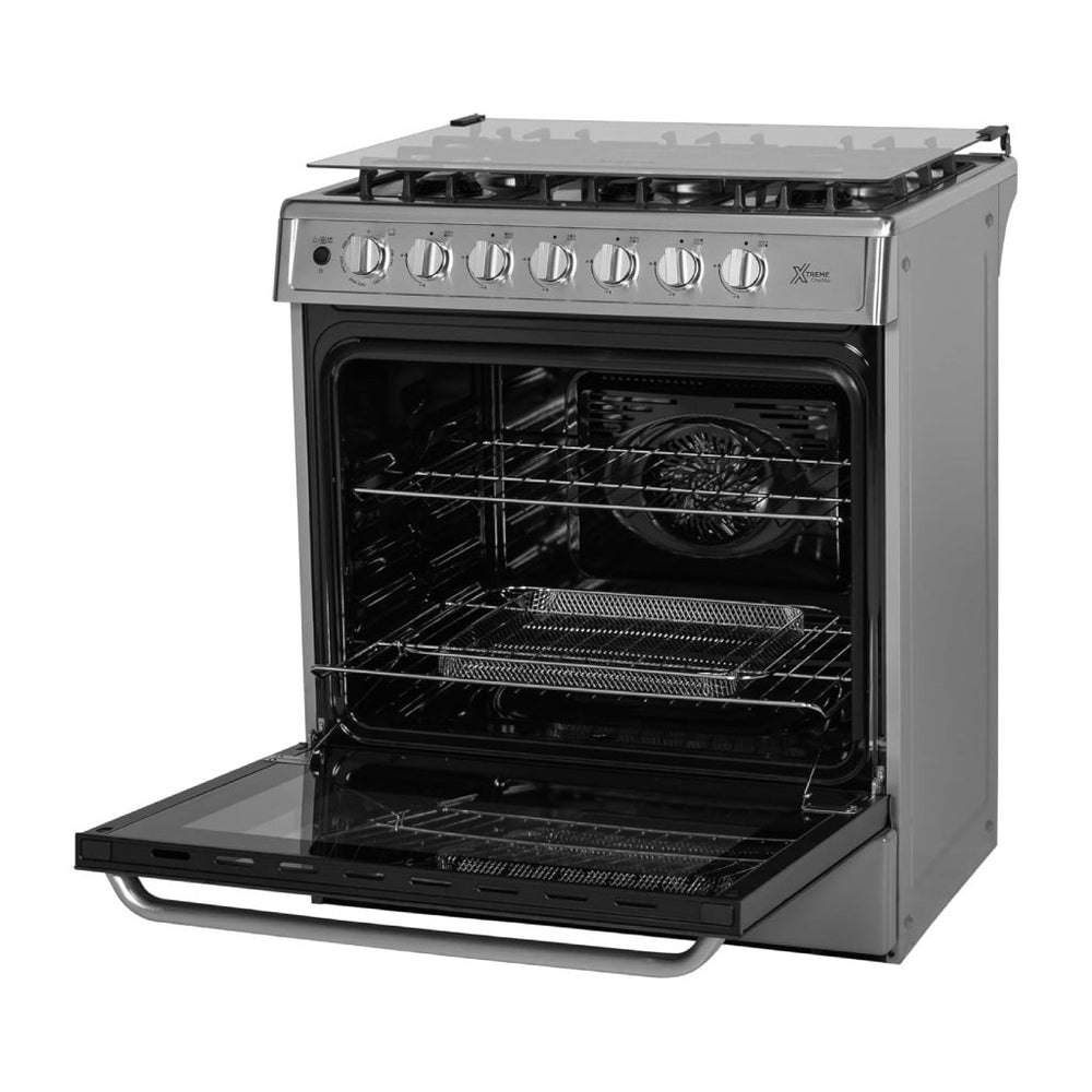 Midea Cocina a gas 30 pulgadas negra 6 quemadores capelo air fryer parrillas de hierro fundido MGS30FS1LEAMSS