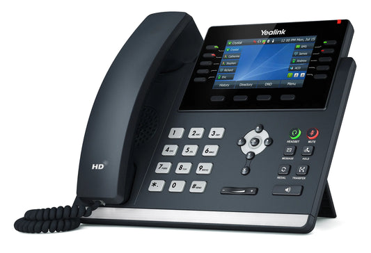 Teléfono IP ejecutivo Yealink con diseño elegante, pantalla a color de alta resolución, conectividad avanzada, y soporte para auriculares Bluetooth o USB.