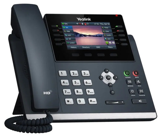 Teléfono IP ejecutivo Yealink con diseño elegante, pantalla a color de alta resolución, conectividad avanzada, y soporte para auriculares Bluetooth o USB.