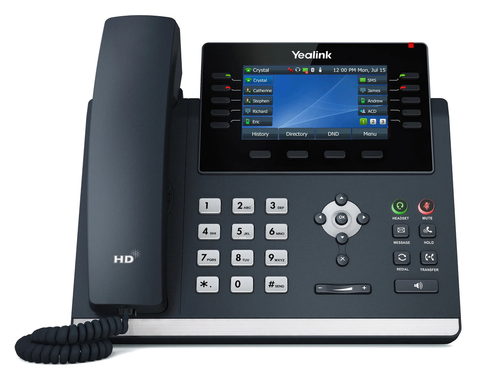 Teléfono IP ejecutivo Yealink con diseño elegante, pantalla a color de alta resolución, conectividad avanzada, y soporte para auriculares Bluetooth o USB.