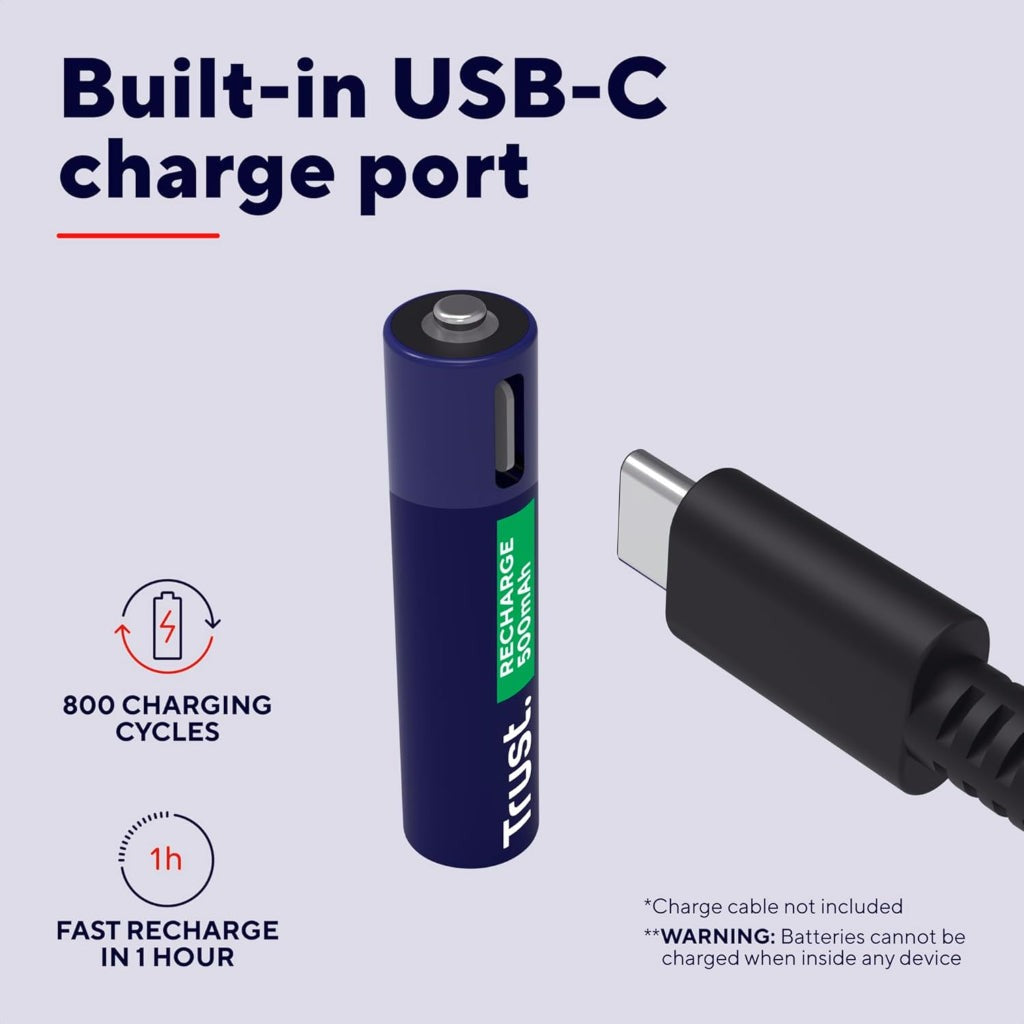 Trust pilas AAA recargables en USB-C azul - 25585