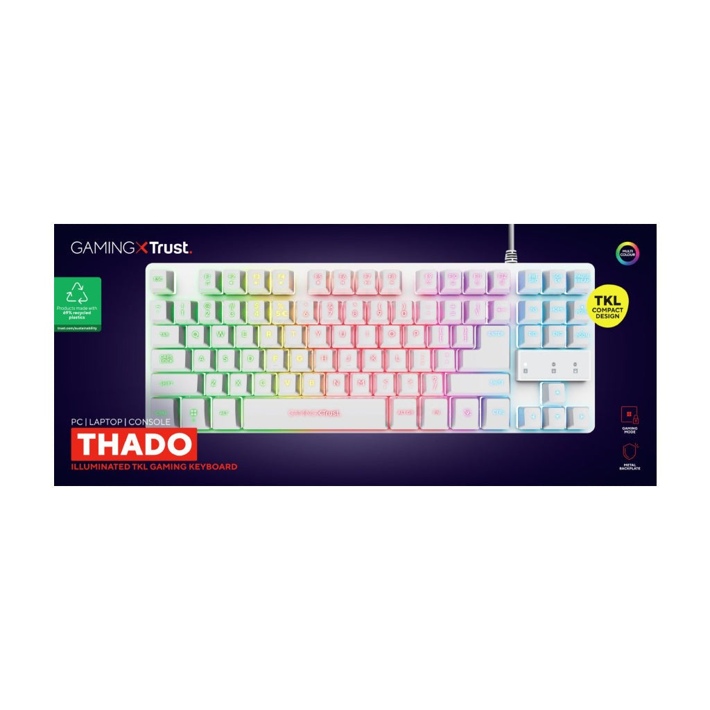 Trust teclado en español para gaming metálico LED multicolor  GXT 833 Thado TKL color blanco - 24739