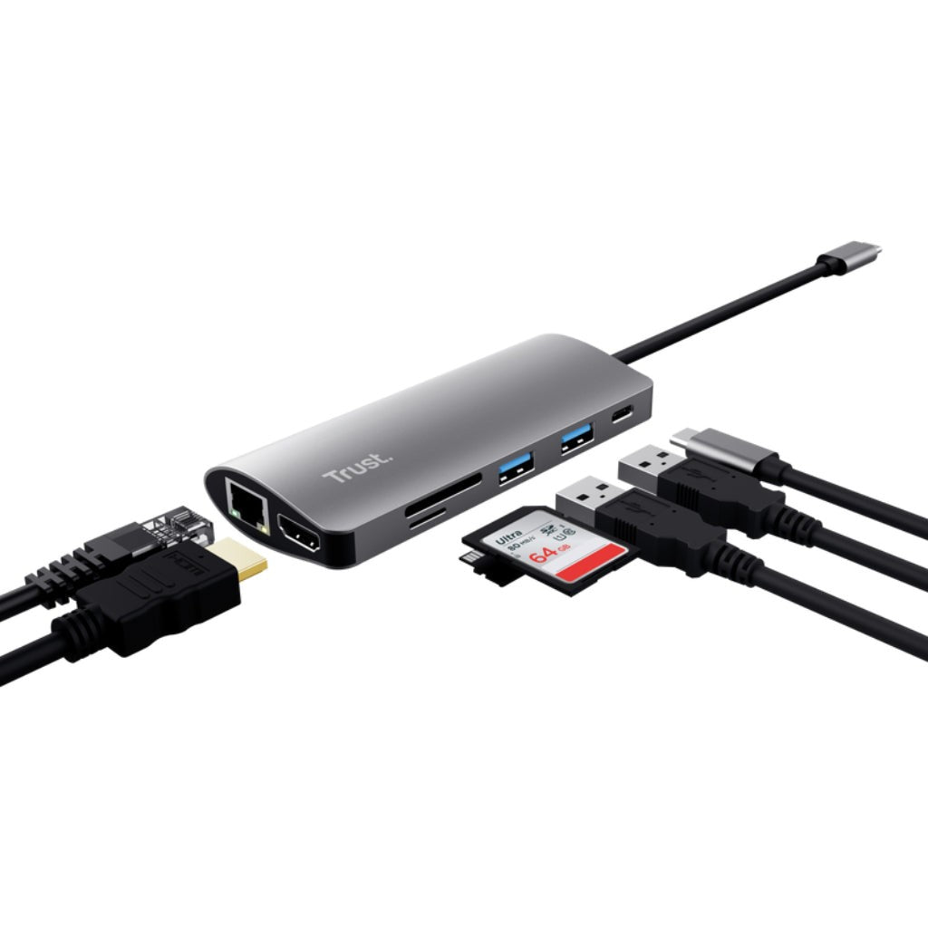 Trust adaptador 7-en-1 USB-C- HDMI- red-lector de tarjetas USB-C y USB - 23775
