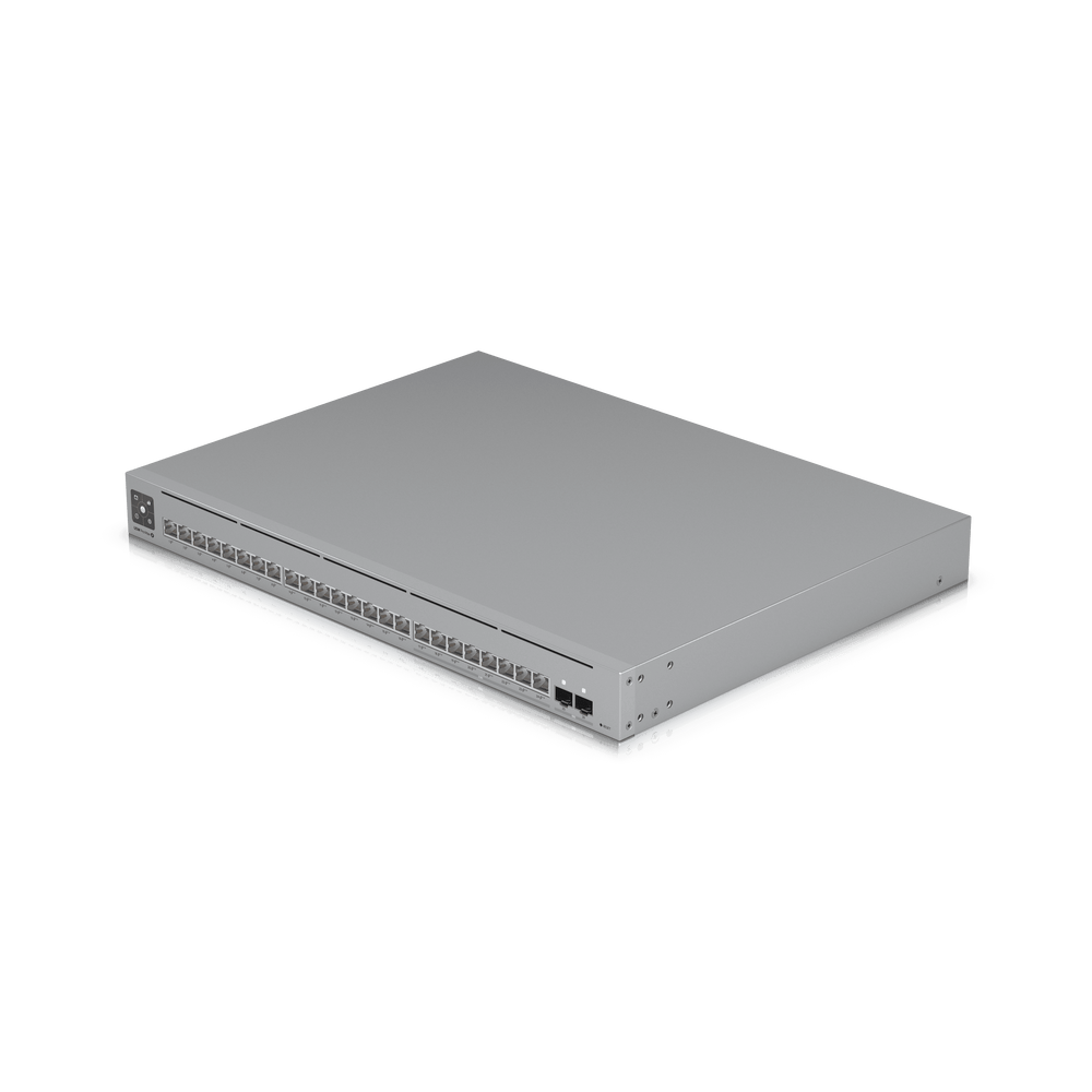 Vista frontal del UniFi Switch Pro Max 24 PoE mostrando puertos 2.5 GbE y SFP+